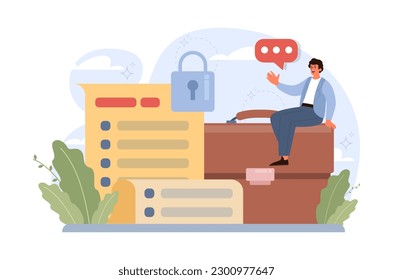 Personal data security. Information privacy and confidentiality. Digital protection, GDPR and privacy politics. Charcter protecting private data and legal information. Flat vector illustration