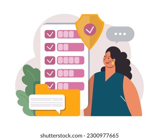 Personal data security. Information privacy and confidentiality. Digital protection, GDPR and privacy politics. Woman protecting private data and legal information. Flat vector illustration