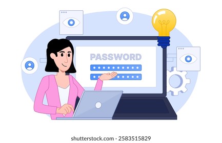 Personal data security. Information privacy and confidentiality. Digital protection, GDPR and privacy politics. Charcter protecting private data and legal information. Flat vector illustration