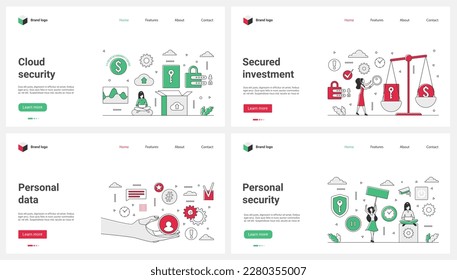 Sicherheit personenbezogener Daten, Investitionen und Cloud-Speicher, Vektorgrafik. Cartoon winzige Menschen arbeiten mit Zugang zu Datenbanken und sicheren Finanzplattformen, Kontrolle der Privatsphäre, Datenschutz