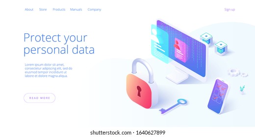 Personal data security in isometric vector illustration. Online file server protection system concept with computer and lock. Secure information transfer background template for web banner.
