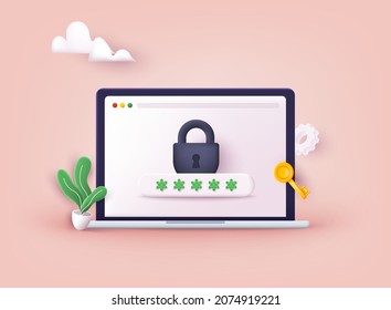 Personal data security. Laptop screen with lock. 3D Web Vector Illustrations.