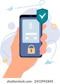 Seguridad de datos personales, seguridad de datos de red, protección de datos confidenciales, seguridad web, concepto de tecnología de seguridad cibernética ilustración plana para la página de inicio, teléfono en mano
