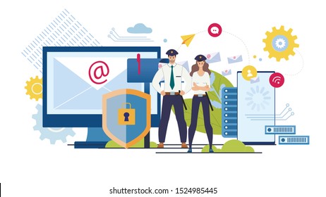 Personal Data Security, Online Communication, Networking and Internet Mailing Protection Trendy Flat Vector Concept. Female, Male Guards in Uniform Protecting Web Users Confidential Data Illustration