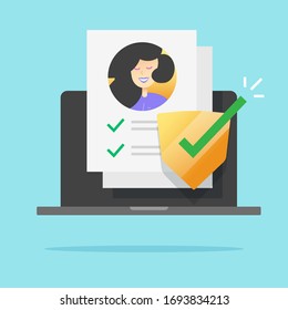 Personal data security protection check icon or privacy confidential user profile document icon vector flat cartoon, secure identity info on paper sheet with check mark shield modern design isolated