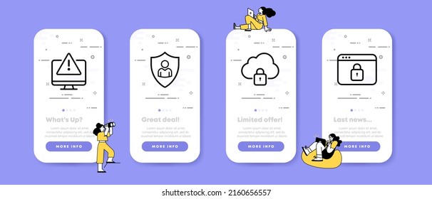 Personal data security set icon. Computer, warning sign, protection, lock, cloud storage, website. Technology concept. UI phone app screens with people. Vector line icon for Business and Advertising.