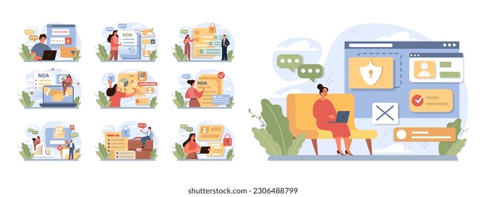 Personal data security set. Information privacy and confidentiality. Digital protection, GDPR and privacy politics. Charcter protecting private data and legal information. Flat vector illustration