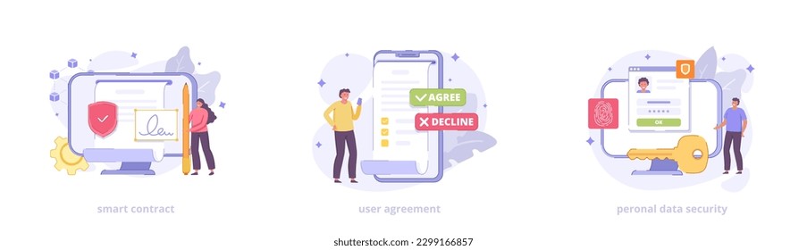 Seguridad de datos personales, contrato inteligente en línea, firma electrónica, acuerdo con el usuario. Colección de conceptos de diseño para la página de inicio. Ilustración vectorial plana con caracteres para sitio web, impresión, banner