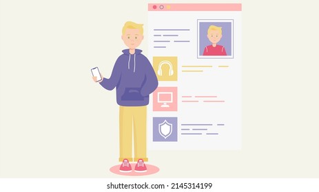 Personal Data Security Vector Illustration. Young Boy Standing With Phone. Personal Preferences And Interest Information Concept. 