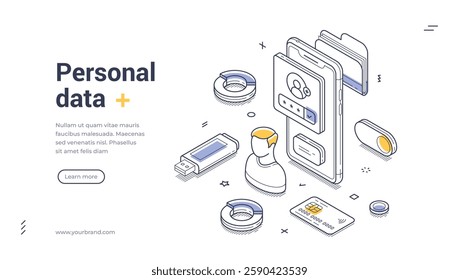 Personal data security web banner template. Various tech elements and devices are illustrated, promoting awareness of online privacy. Vector isometric illustration