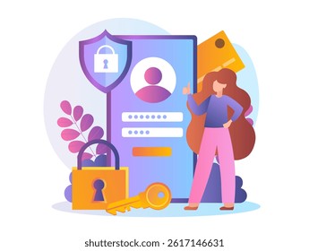 Personal data security. Woman near smartphone enters password and login. Internet security, protection from viruses and hacker attacks. Firewall and antivirus. Flat vector illustration