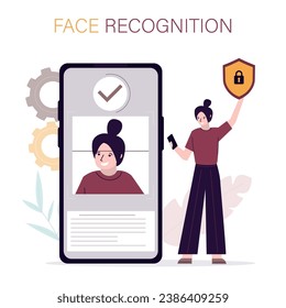 Personal data security. Woman user holding shield and uses smartphone, accessing data using face id. Technology for confidentiality, protection against hacker. Face recognition. Biometric verification