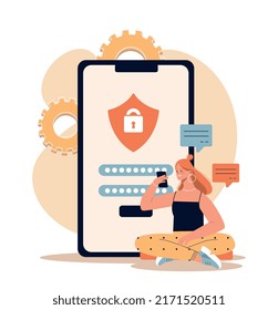 Personal data security. Young Woman protects information on smartphone with password or code. Gaining access and protection from hacker attacks. Privacy Policy. Cartoon flat vector illustration