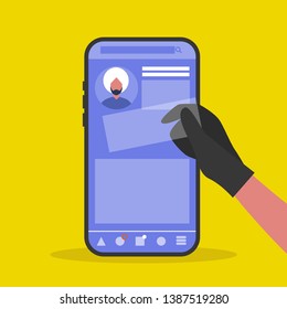 Personal data stealing. Social media. Thief. Conceptual illustration. Flat editable vector illustration, clip art