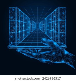 Personal data storage. A hand holds a phone with an information server. Polygonal design of interconnected lines and dots. Blue background.