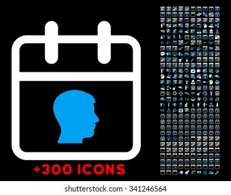 Personal Date vector icon with additional 300 date and time management pictograms. Style is bicolor flat symbols, blue and white colors, rounded angles, black background.