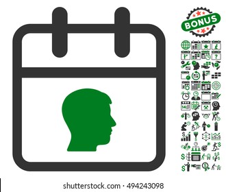 Personal Day icon with bonus calendar and time management design elements. Vector illustration style is flat iconic bicolor symbols, green and gray colors, white background.