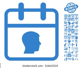 Personal Day icon with bonus calendar and time management symbols. Vector illustration style is flat iconic symbols, cobalt color, white background.