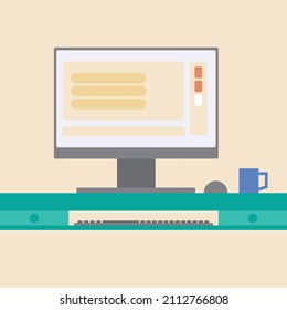 Ordenador personal Pc Illustración vectorial para web y móvil.Computadora de escritorio en la tabla.Ilustración del lugar de trabajo.