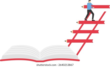 Personal development book. Businessman building a book ladder. vector. stock illustration

