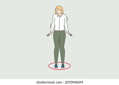 Personal development and borders concept. Young frustrated woman cartoon character standing in small red circle feeling not free vector illustration 