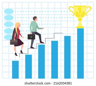 Personal Development, Business People Moving Towards Profit, Effective Income, Teamwork. Strategy Management, Capital, Leadership. Businessman Walking Stairs Up To Success, Achievement With Golden Cup