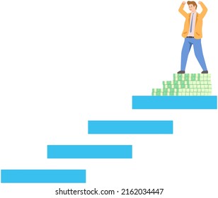 Personal Development, Businessman Moving Towards Profit, Effective Income With Dollar Coins. Strategy Management, Capital, Leadership. Happy Man Walking Stairs Up To Success, Achievement With Money