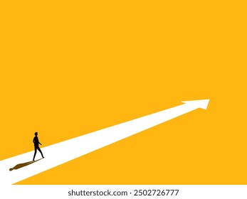 Personal development. Businessman walks along the arrow