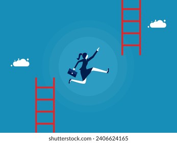 Personal development. Businesswoman jumps to higher stairs 