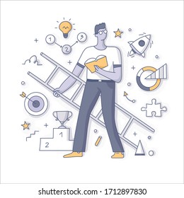 Personal development and career growth concept. An ambitious man with a book and ladder in hands setting personal goals and learn how to achieve them. Doodle vector spot illustration