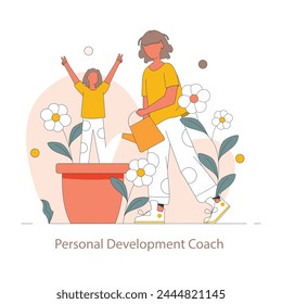 Personal Development Coach concept. An engaging illustration showcasing growth, depicting a coach nurturing potential like a gardener with a young plant. Symbolism of mentorship and care.