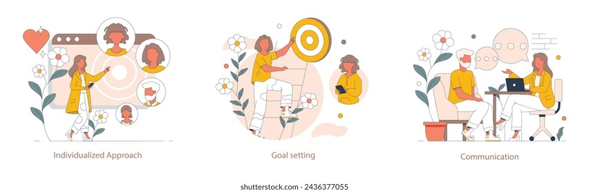 Personal Development Coach set. Detailed illustrations showcase a personalized approach, strategic goal setting, and effective communication skills. A visual narrative of diverse coaching techniques.