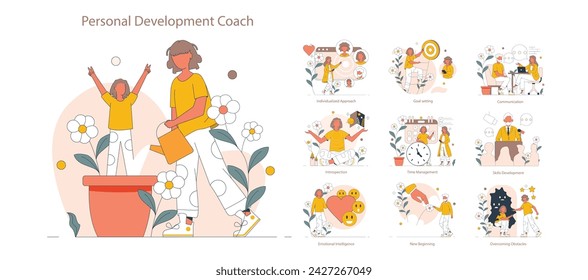 Coach de Desarrollo Personal. Serie de ilustraciones con temas de crecimiento que capturan la dinámica de entrenamiento, la mejora de habilidades y el logro de objetivos. Narración visual de un viaje de superación personal.