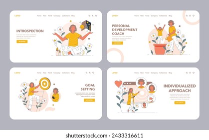 Personal Development Coach web or landing page set. Engaging vector illustrations that embody the spirit of self-growth, from introspective meditation to goal realization and bespoke coaching