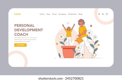 Personal Development Coach web or landing page. An engaging illustration showcasing growth, depicting a coach nurturing potential like a gardener with a young plant. Symbolism of mentorship and care.