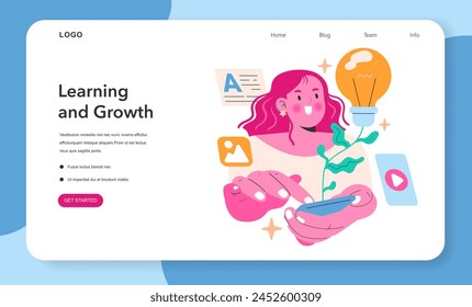 Personal development concept. An enthusiastic character engages with learning resources, symbolizing self-improvement. Educational tools and inspiration. Vector illustration.