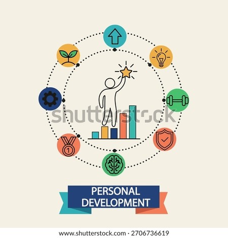 Personal development concept with icons and a person reaching for a star