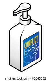 Personal development concept: pump pack marked "Conflict Ease." Conflict resolution in a bottle.