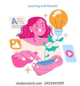 Personal development concept. A stylized woman symbolizes continuous learning, nurturing creativity, and intellectual growth. Vector illustration.