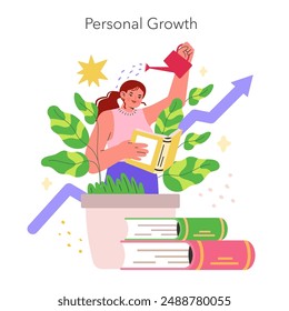 Concepto de desarrollo personal. Una mujer nutre su crecimiento con libros y cuidado personal, simbolizados por una planta floreciente. Un viaje de superación ilustrado como jardinería. Ilustración vectorial.