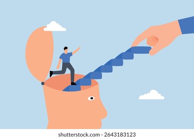 Personal development, entrepreneur ascending stairs originating from his own mind. 
