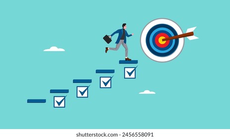 personal development goals for work, train specific skills or competencies to achieve career success, self improvement or career growth, Businessman walk up checklist as a ladder to reach target