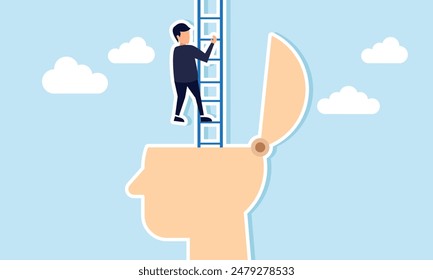 Personal development growth mindset, motivation for success, courage to seek new opportunities, concept of A confident businessman climbs the ladder of success from his head