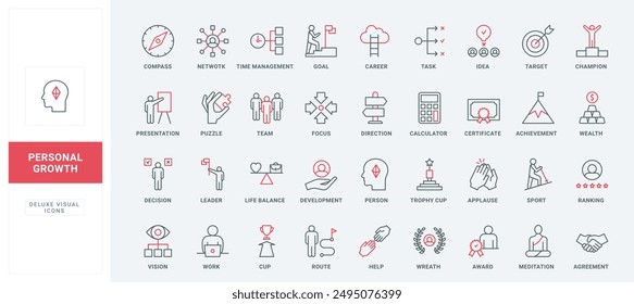 Personal development and growth, skills training line icons set. Work life balance and direction to success, task and time management, leadership thin black and red outline symbols vector illustration