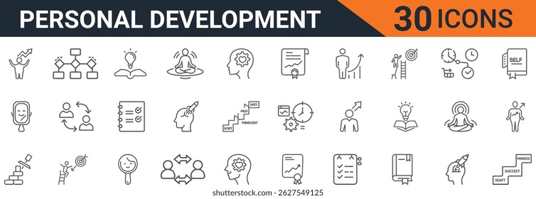 Personal Development Icon Pack, Self Improvement, Goal Setting, Time Management, Motivation, Career Growth, Line Icons for Success and Well-being

