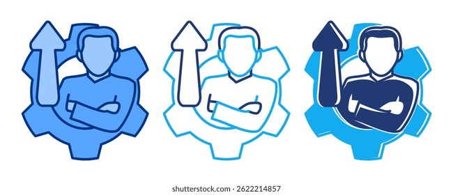 Personal Development icon represented by man, gear, up arrow Blue, Dualline, Dualtone style.