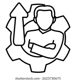 Personal Development icon represented by man, gear, up arrow Line style.