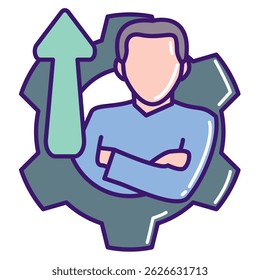 Personal Development icon represented by man, gear, up arrow Lineal Color style.