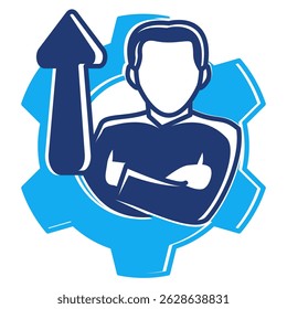 Personal Development icon represented by man, gear, up arrow Dualtone style.