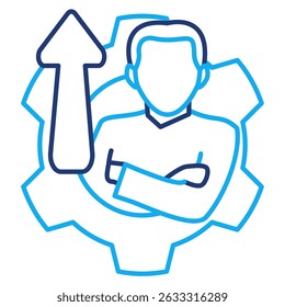 Personal Development icon represented by man, gear, up arrow Dual Line style.